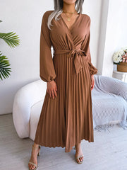 Women Elegant V Neck Long Sleeve Pleated Maxi Dress