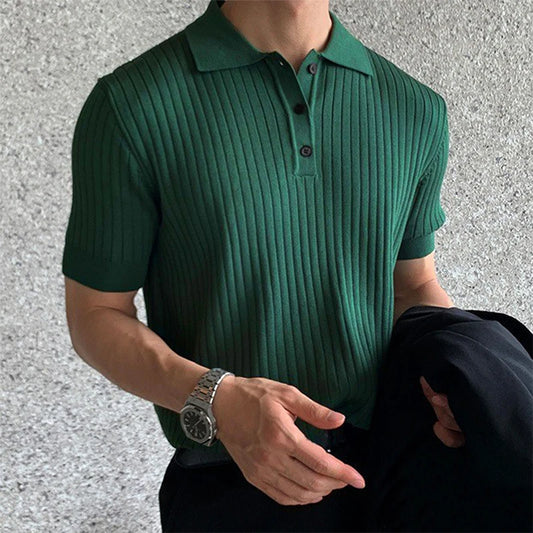 Retro Knit Lapel Striped Polo Shirt