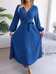 Women Elegant V Neck Long Sleeve Pleated Maxi Dress