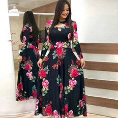 Flower Long Sleeved O-Neck Hollow Slim Fit Dress