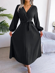 Women Elegant V Neck Long Sleeve Pleated Maxi Dress