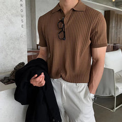 Retro Knit Lapel Striped Polo Shirt