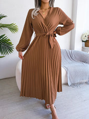 Women Elegant V Neck Long Sleeve Pleated Maxi Dress