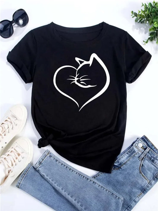 Love Heart Cat Print Women T-Shirt