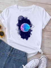 Women Planet Print Fashion Tee Shirts