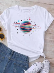 Women Planet Print Fashion Tee Shirts