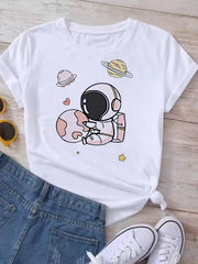 Women Planet Print Fashion Tee Shirts